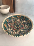 Vintage Tunisian Ceramic Large Round Bowl Teal-Gold