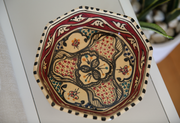 Vintage Tunisian Ceramic Medium Octagon Bowl Red