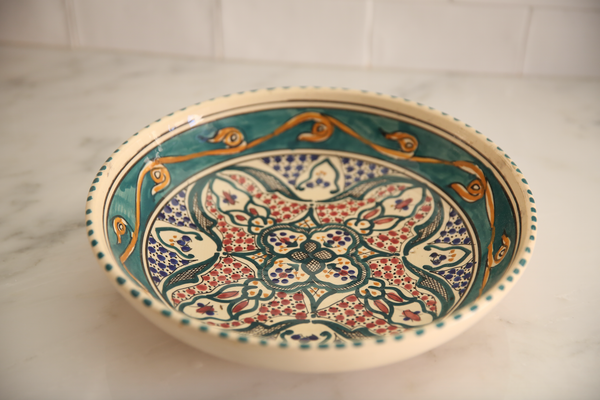 Vintage Tunisian Ceramic Large Round Bowl Teal-Gold