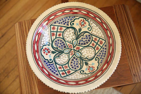 Vintage Tunisian Hanging Large Ceramic Round Bowl Red-Blue